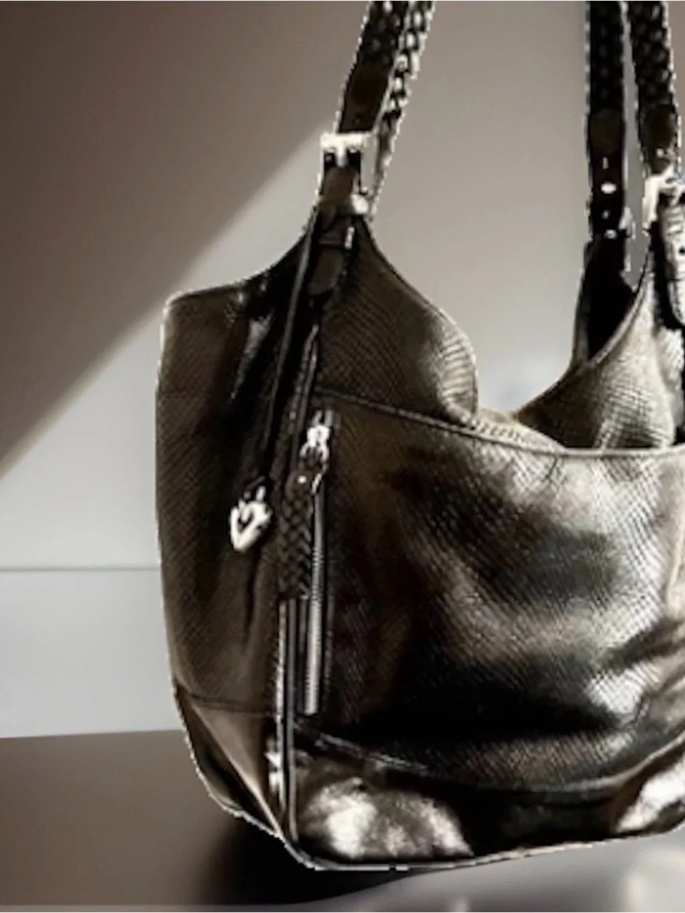 VTG Brighton Large Hobo Black Leather Snake-embossed Finished Shoulder Handbag